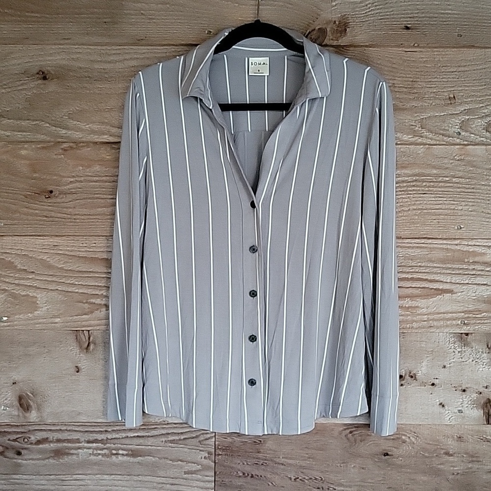 Soma Gray and White Size Small Cool Nights Notch Collar Long Sleeve PJ Top NEW!